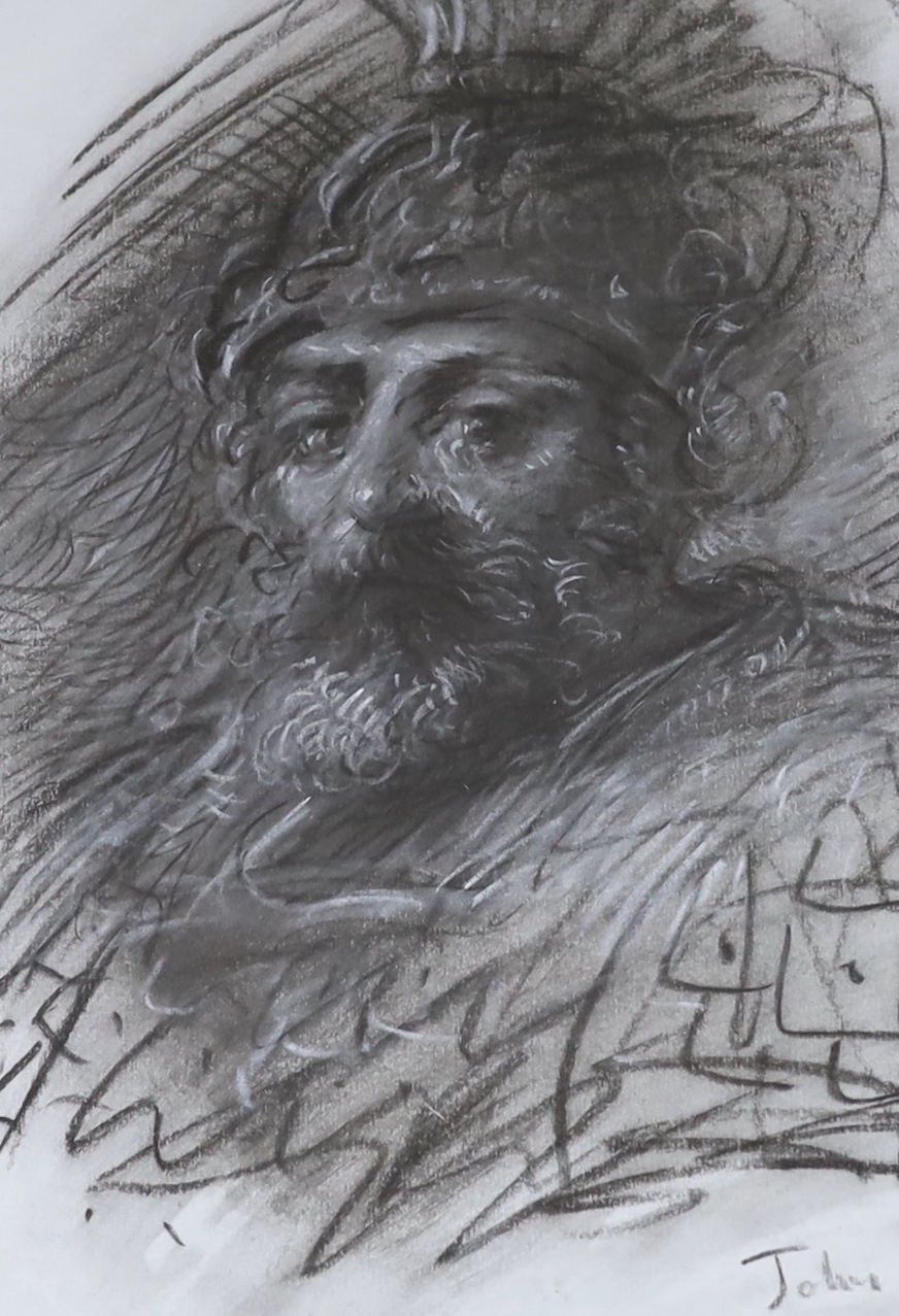 Circle of Augustus John RA (Welsh, 1878-1961), heightened charcoal, Classical bearded warrior, bears signature, 32 x 21cm